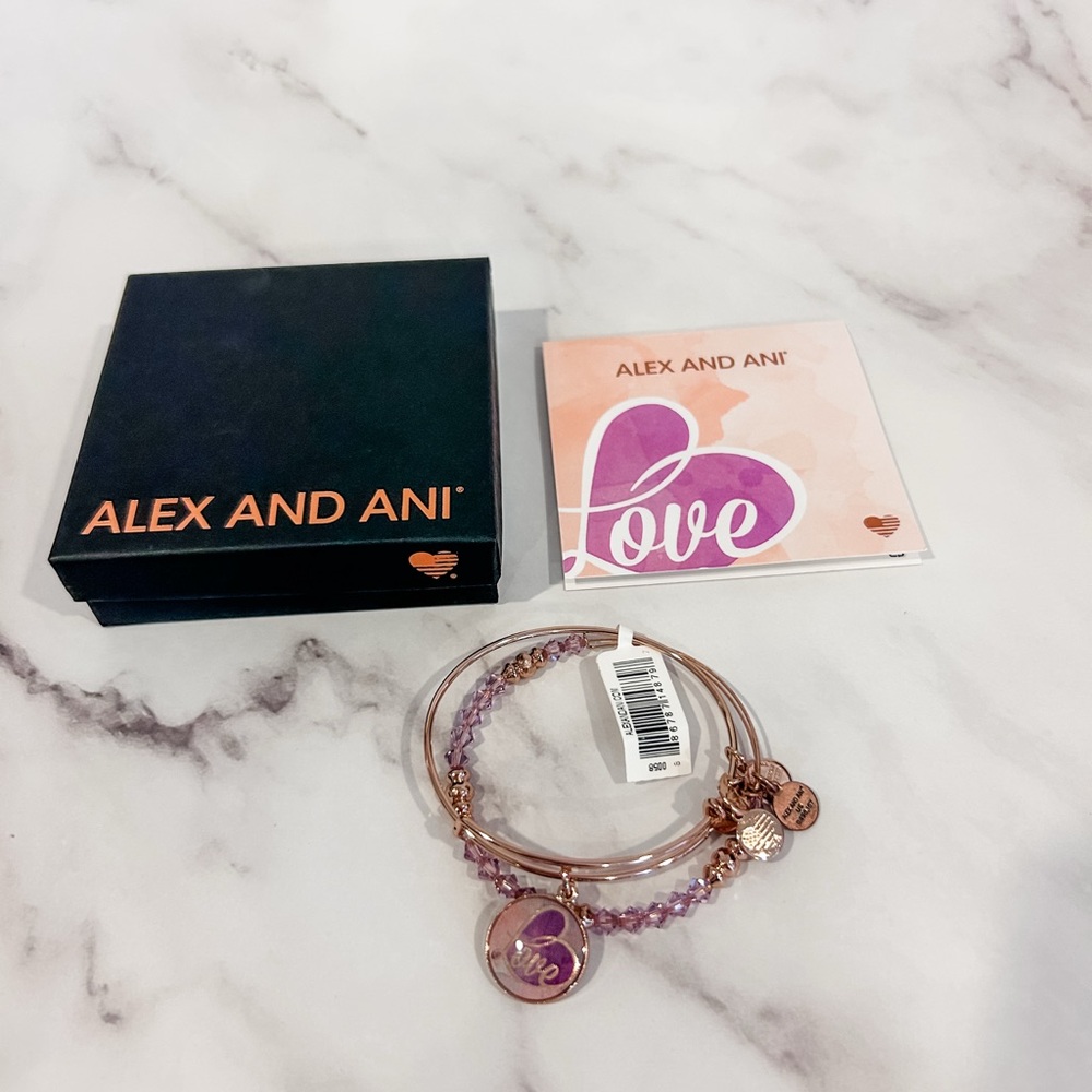 Alex and Ani Rose “Love” Gold and Purple Bracelet Set
